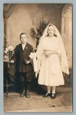 Catholic Boy & Girl w Rosary Beads~Antique Communion Photo? RPPC Studio 1910s