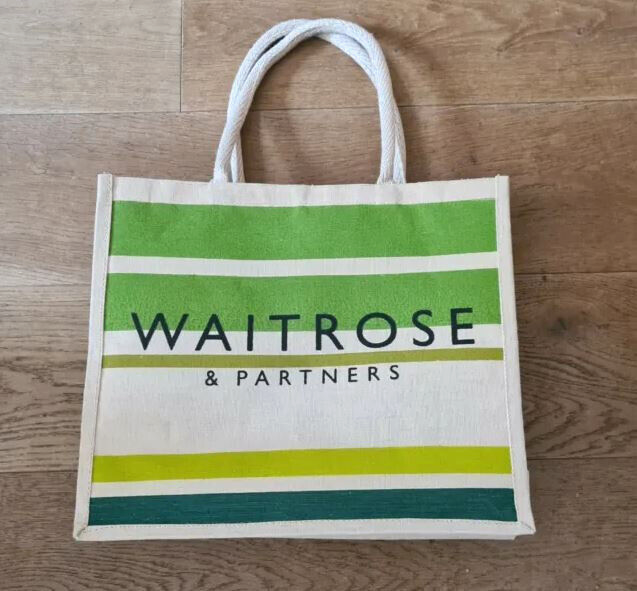 🌱Waitrose & Partners Jute Bag Green Stripe Reusable Shopping Tote Bag