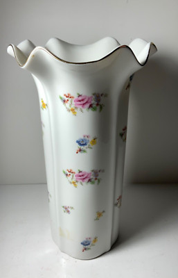 Vintage Shaddy Japan Floral Ruffle Ceramic Vase with Gold Trim 1980s 9 in.