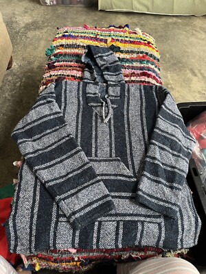 Baja Hoodie Mexican Drug Rug Poncho Hoodie Mens XL Blue Soft