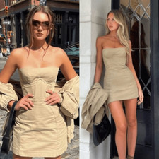 HOUSE OF CB Elissa Strapless Mini Dress in Stone XS