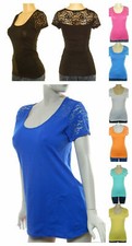 WOMENS SCOOP NECK LACE SHORT SLEEVE STRETCH T SHIRT TOP JR N PLUS S-3X