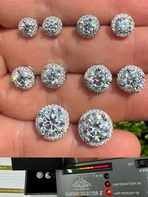 5-9MM Moissanite Halo Stud Earrings 925 Silver Hip Hop Mens Ladies - Pass Tester