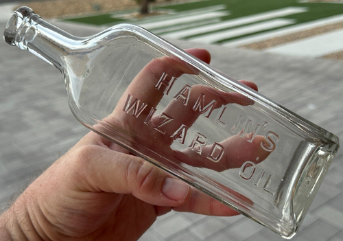 Antique HAMLINS WIZARD OIL Quack Cure Medicine Bottle 9-1/4