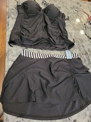 Yonique Womens black Stripe Tankini Swimsuit Skirted Bathing 2 Piece, XXL NWT