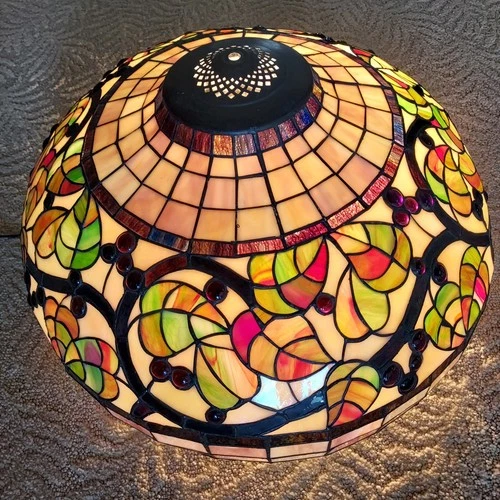 Vintage TIFFANY STYLE Stained Glass Hanging Lamp Shade Only w/ Beads Large ~ 20"