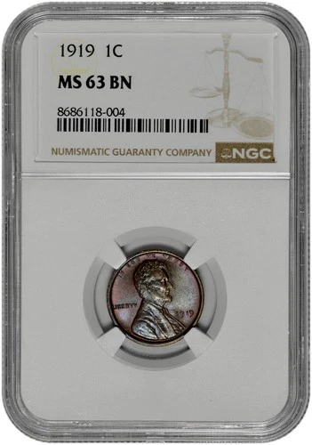 1919 1c Lincoln Wheat Cent NGC Graded MS 63 BN in New Holder Purple Toning
