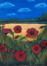Картина Маки Поле НЕБО  ПЕЙЗАЖ ОРГАЛІТ Акрил ПОЗОЛОТА ЛАНДШАФТ 11Х8 дюймів РУЧНА