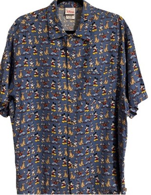 Disney Mickey Mouse Donald Goofy Pluto Button Shirt Men Size M Blue EUC      03