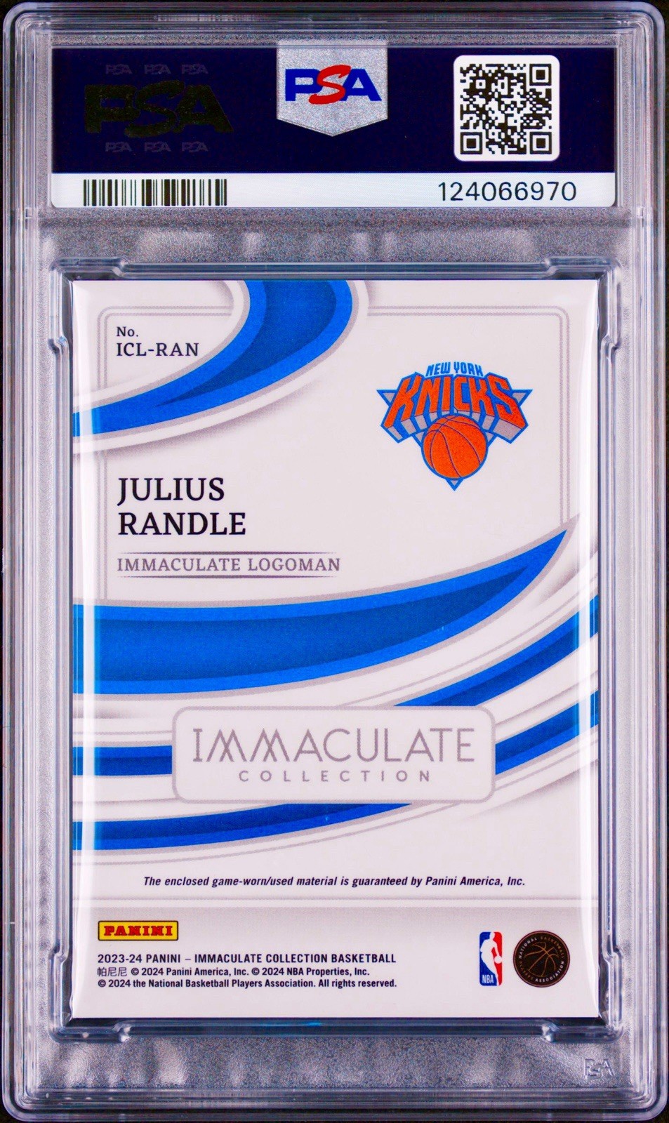 Julius Randle 2023 Immaculate 1/1 GAME USED LOGOMAN Patch SSP Knicks PSA view 2