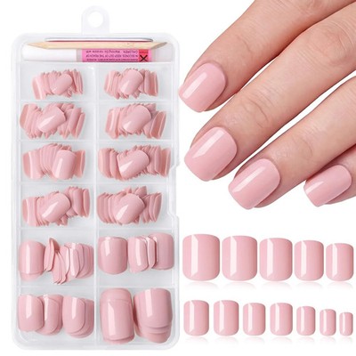 240pc Extra Short Press on Nails Square Fake Nails with Glue Tabs, Dark Nude Nai