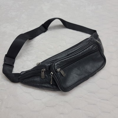 ZZNICK Black Leather Fanny Pack Waist Bag Multi Pocket Travel Travel Hiking Men