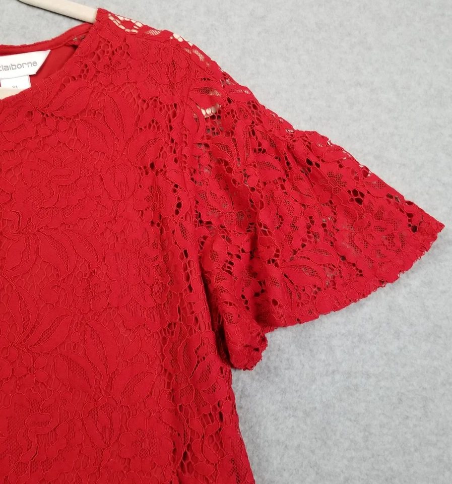 Top Liz Claiborne para mujer extra grande XL rojo encaje manga corta vacaciones romántico Foto 3 de 4