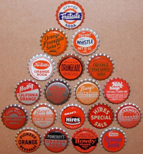 Vintage soda pop bottle caps ORANGE COLORS Lot of 19 different new old stock - Picture 1 of 3