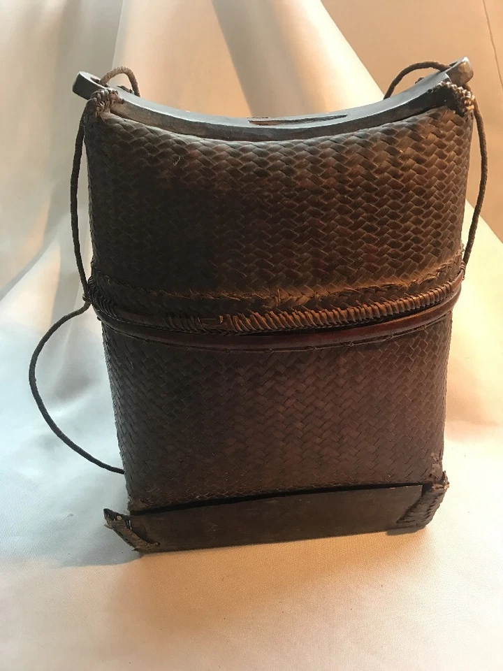 Antique Early Asian Pacific Philippines Artesanial Basket w/Wood Cover & Base - Image 2 of 4