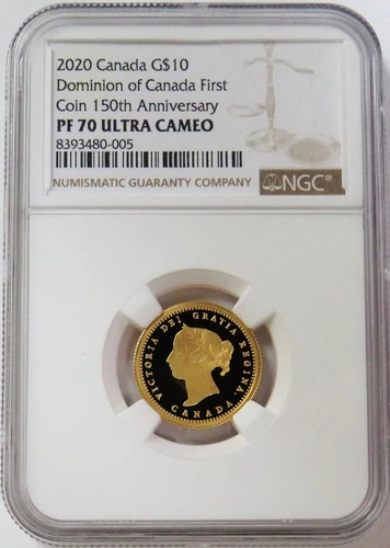 2020 GOLD 1000 MINTED CANADA $10 DOMINION FIRST ANNIVERSARY 1/4oz NGC PF 70 UC