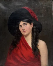 French School Circa 1900 Model With Hat And Red Cloth Art Nouveau Painting