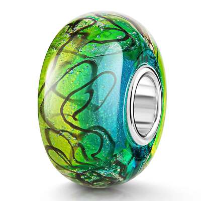MATERIA Glas Bead Linien gelb grün türkis schwarz für Beads Kette / Armband