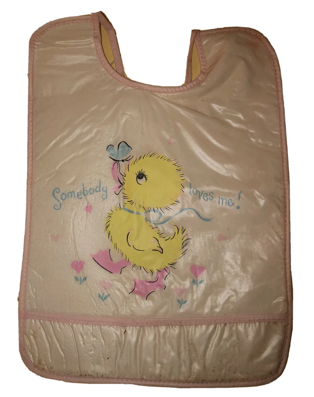 1950’s Baby Bib Ducks, Butterflies, and Hearts Pink Yellow “Somebody Loves Me!”