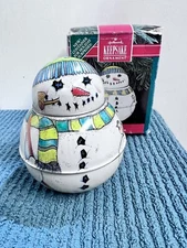 1991 Hallmark Tin Jolly Wolly Snowman Christmas Ornament ~ Remove Head & Fill