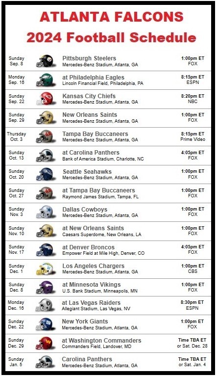 Atlanta Falcons 2024 NFL Football Schedule Refrigerator Magnet 4 by 7 ...