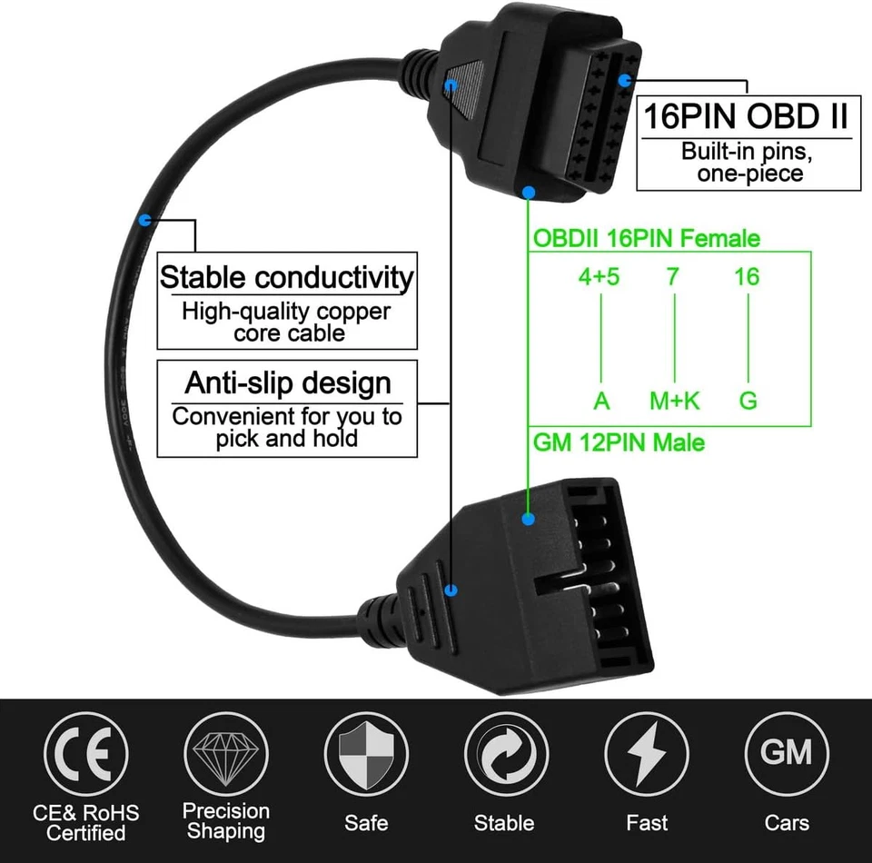 12 Pin OBD1 to 16 Pin OBD2 Diagnostic Scanner Convertor Adapter Cable Compatible - Immagine 3 di 4