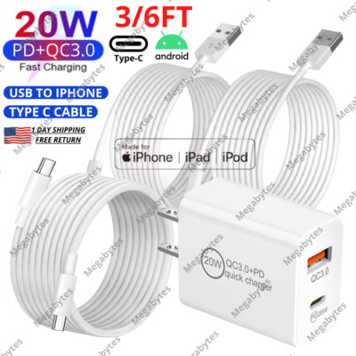 20W Fast Charger QC Wall Adapter For iPhone iPad Samsung Google USB Type C Cable
