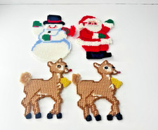 Set of 4 Large VTG Santa Snowman Rudolph Plastic Needlepoint Christmas Ornaments