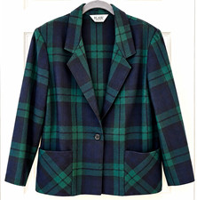 Vintage Blair Plaid Blazer Womens 12 Green Navy Made in USA Recycled Wool 90s