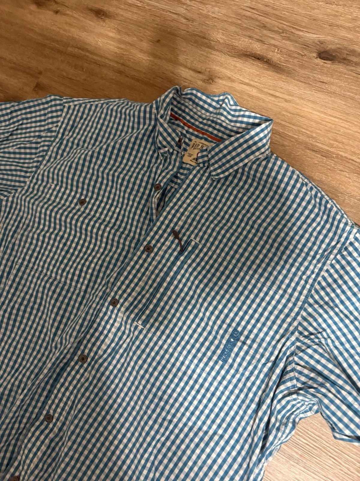 RedHead Men's 2XL Gingham Fishing Shirt Short Sleeve Blue White Vented Zipper
