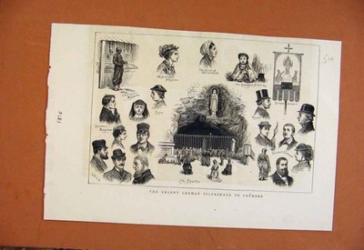 Alter antiker Druck jüngste deutsche Pilgerfahrt Lourdes um 1875 aus London Nachrichten 19.