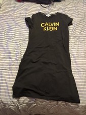 Calvin Klein T-shirt Dress Womens Small Black Gold Chest Logo Crew Neck