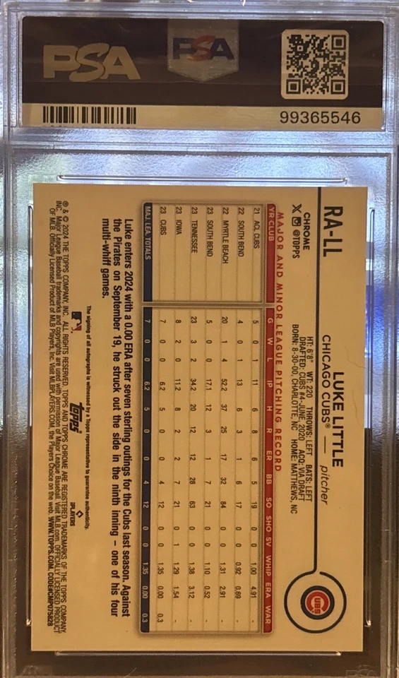 2024 Topps Chrome Luke Little RK AU Refractor Spec Ref PSA 9 RC /299 Cubs - Image 2 of 2