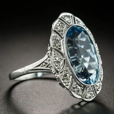 Art Deco Style Aquamarine Lab Created Diamond Engagement Ring 14K White Gold FN