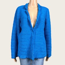 Chicos Blue Textured Structured Fringe Trim Cardigan Blazer Jacket 2 LARGE 12 14