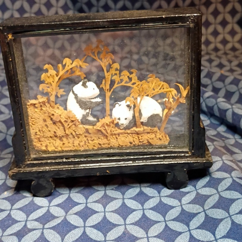 Handmade Chinese Panda Diorama in Glass Display Case
