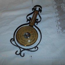 Wetterstation Barometer Thermometer  Schmiedeeisen Messing  Vintage H 29 cm