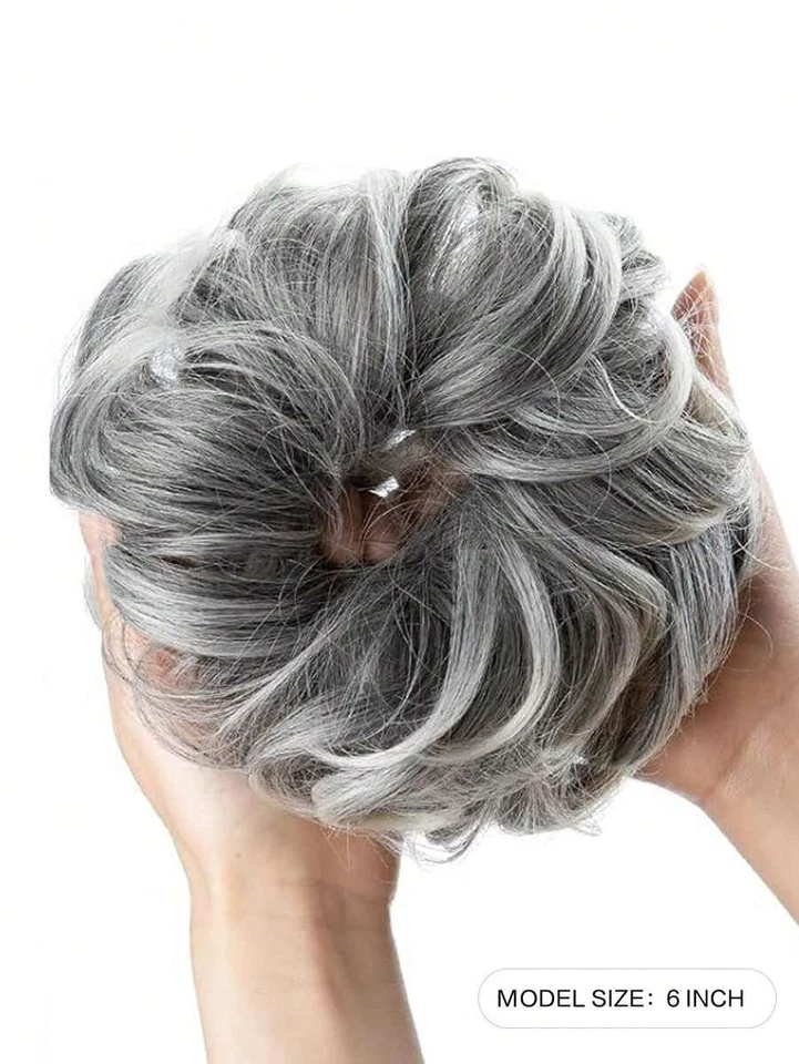 Extensión de cabello de moño desordenado gris de 6 pulgadas para mujer - corbata gruesa y esponjosa, elástica Foto 2 de 4