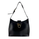 Auth Salvatore Ferragamo Gancini Shoulder Bag Black/Gold Leather/Metal - z10183