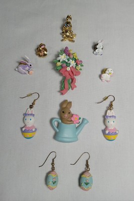 Cute Easter Bunny Holiday Earrings Pins & Brooch Festive Lot Of 11 Pieces Spring
