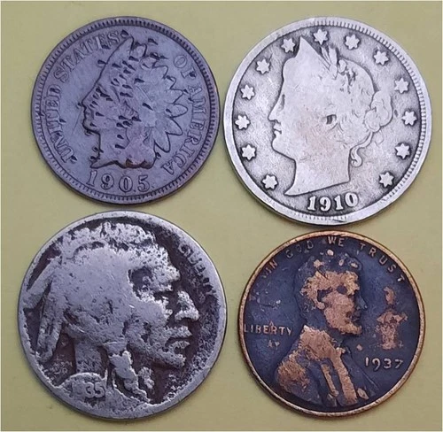 Lot of 4 Old Coins – 1 Indian Head Penny, 1 Lib V 5c, 1 Buffalo 5c & 1 Linc 1c