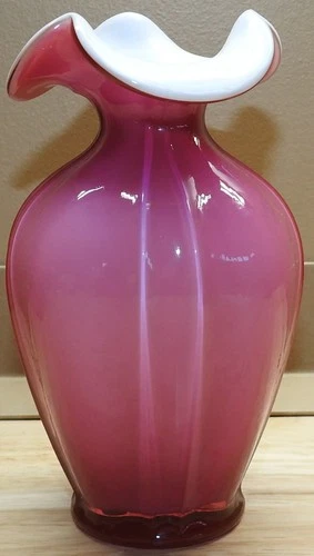 Vintage Fenton Art Glass Cranberry Vase White Ruffle Edge 7" Tall