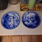 Pair Antique Delfts Boch Belgium Seafarer Wall Plate Very Nice Flow Blue Transfe