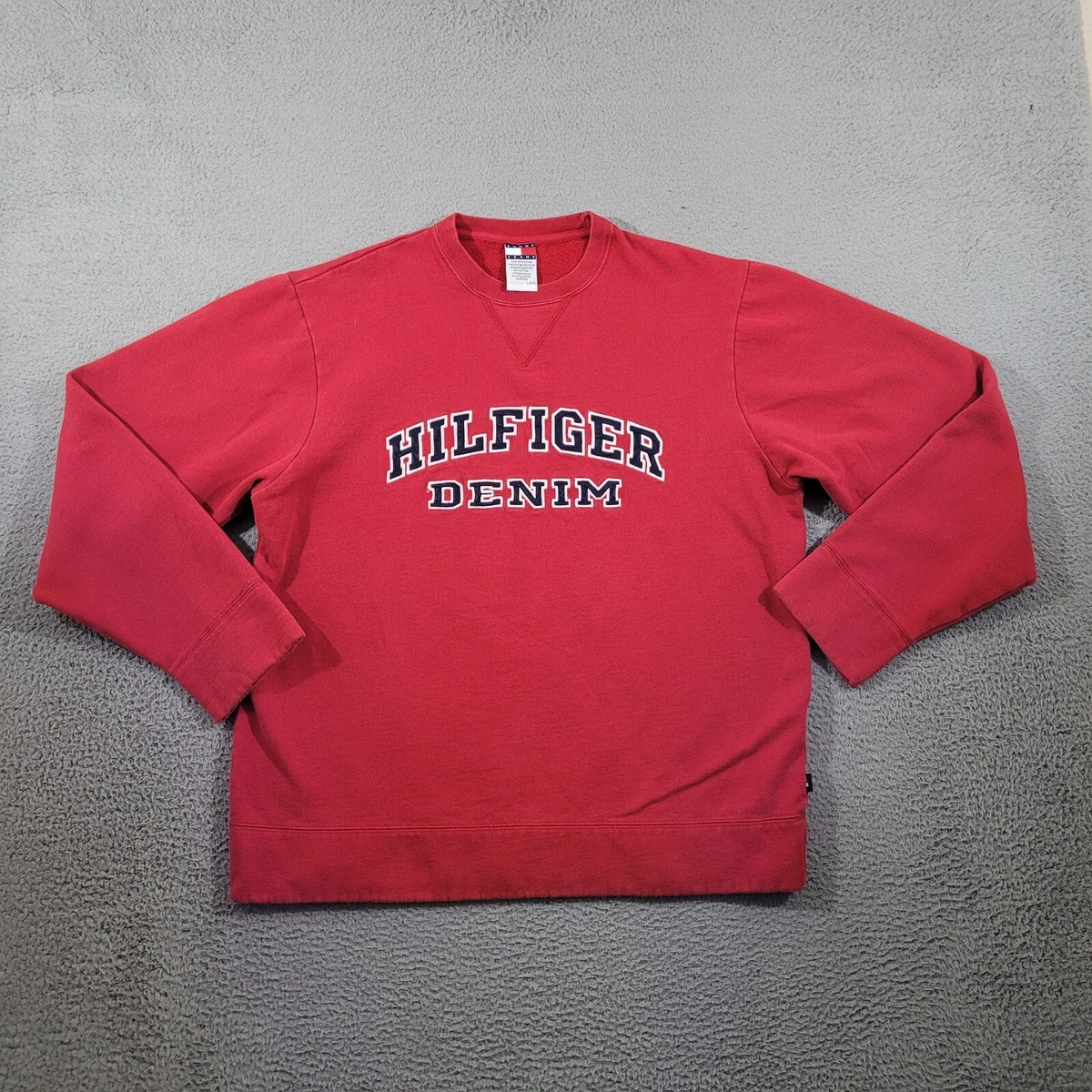 Tommy Hilfiger Sweatshirt Mens Large Red Hilfiger Denim Spell Out Logo Solid