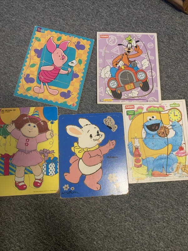 Wooden Tray Puzzles Playskool & Mattel Puzzle Lot Of 5 - Cabbage Patch, Pooh Etc