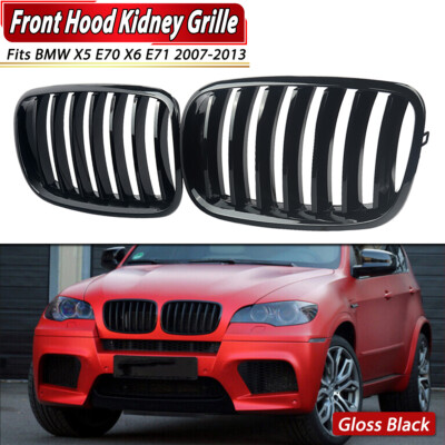 Pair Front Hood Kidney Grille Grill For BMW X5 X6 E70 E71 2007-2013 Glossy Black