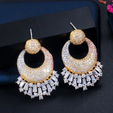 3 Tone Gold Zirconia Big Long Round Dangle Drop Earrings for Brides Wedding Gift