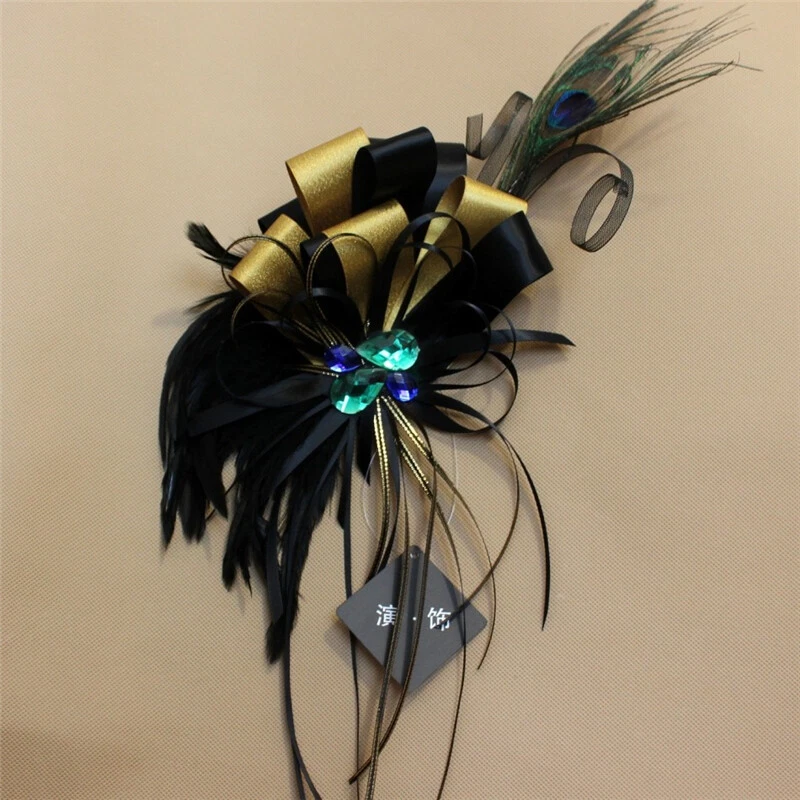 Men Brooches Ribbon Feather Crystal Epaulette Shoulder Pads Host Vintage Look - Image 3 of 4