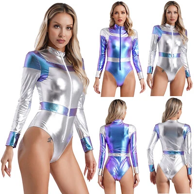 Damen Astronaut Alien Kostüm Metallic Bodysuit Overall für Halloween Mottoparty - Bild 1 von 3