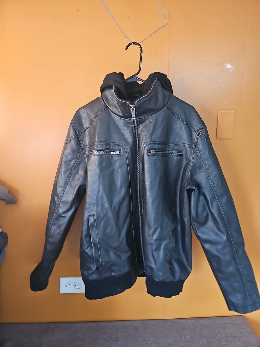 GUESS Men's Faux-Leather Detachable-Hood Motorcycle Jacket Extra - Main Image